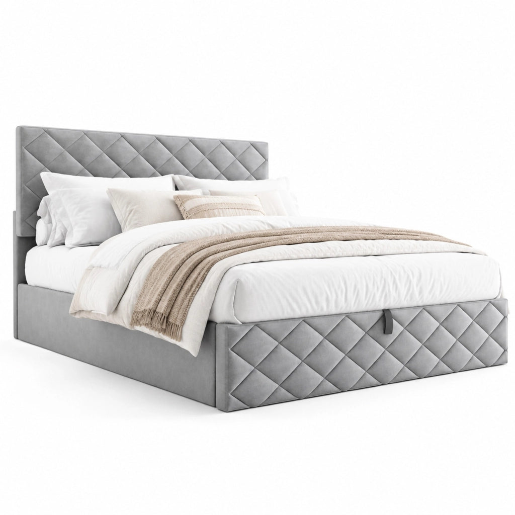 Letto imbottito grigio 140x200 cm con contenitore idraulico