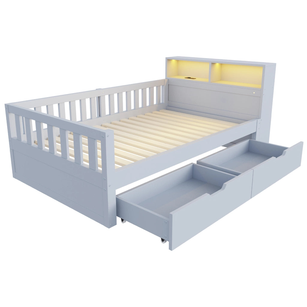 Letto singolo 90x200 cm grigio con cassetti; vani portaoggetti; sponde; LED e presa