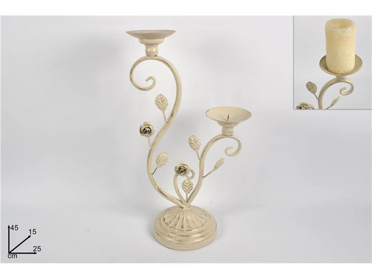 Portacandela Candeliere in Ferro 2 Posti Beige Anticato 45 x 25 cm