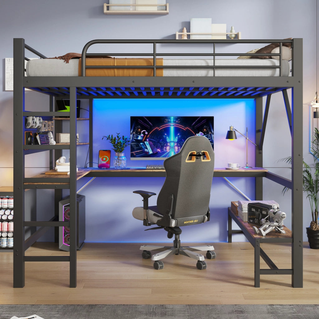 Letto a soppalco 160 x 200 cm; scrivania; ripiani; sponde di sicurezza; scala; USB/USB-C; striscia LED; pannello forato; telaio in ferro; nero