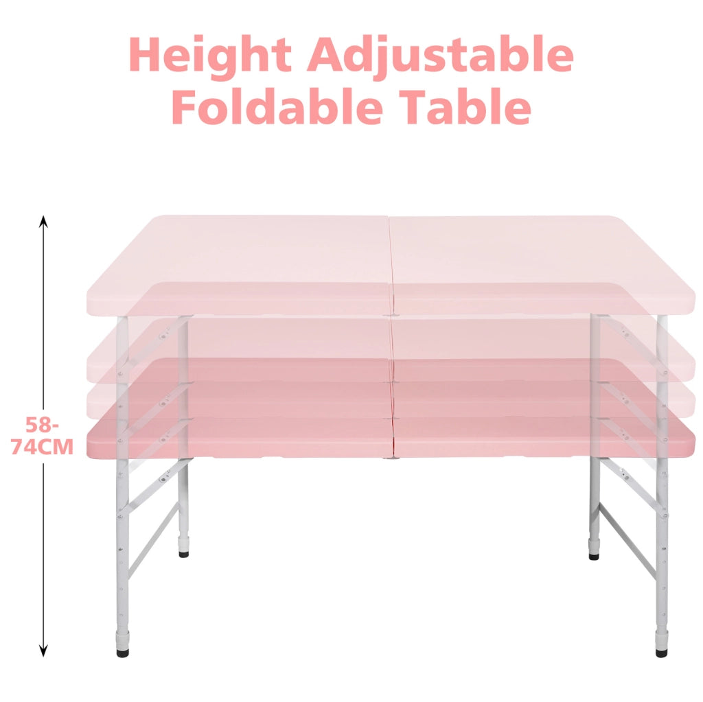 Tavolo pieghevole 125x61 cm, plastica rosa, struttura in acciaio, altezza regolabile