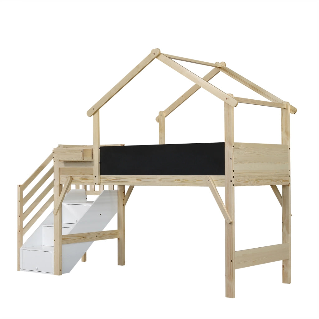 Letto a castello per bambini 90 × 200 cm con scala contenitore lavagna e tetto in legno bianco e naturale