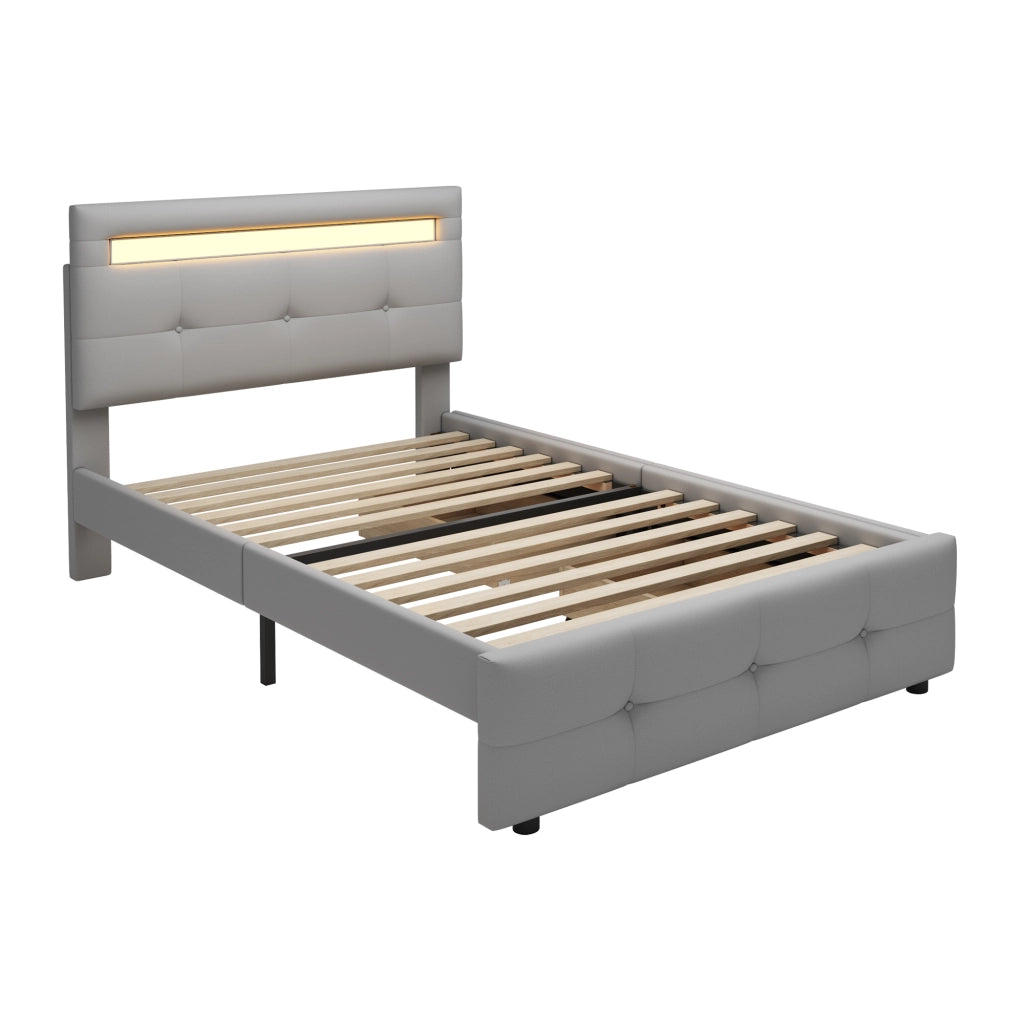 DESMIU Letto adulto 90 × 200 cm con 2 cassetti, LED, testiera regolabile, senza materasso, grigio