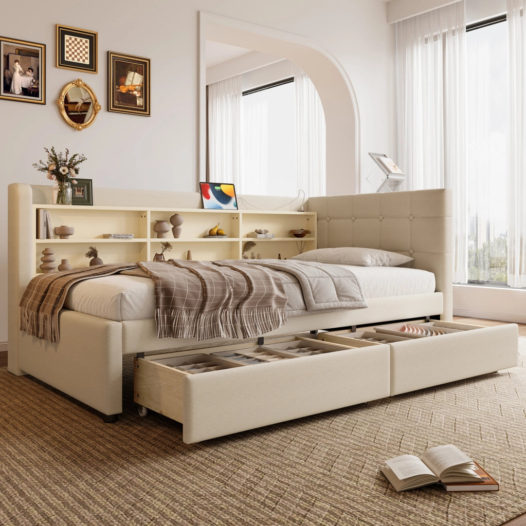 Letto singolo 90 x 200 cm con 2 cassetti; USB e Type-C; in lino beige