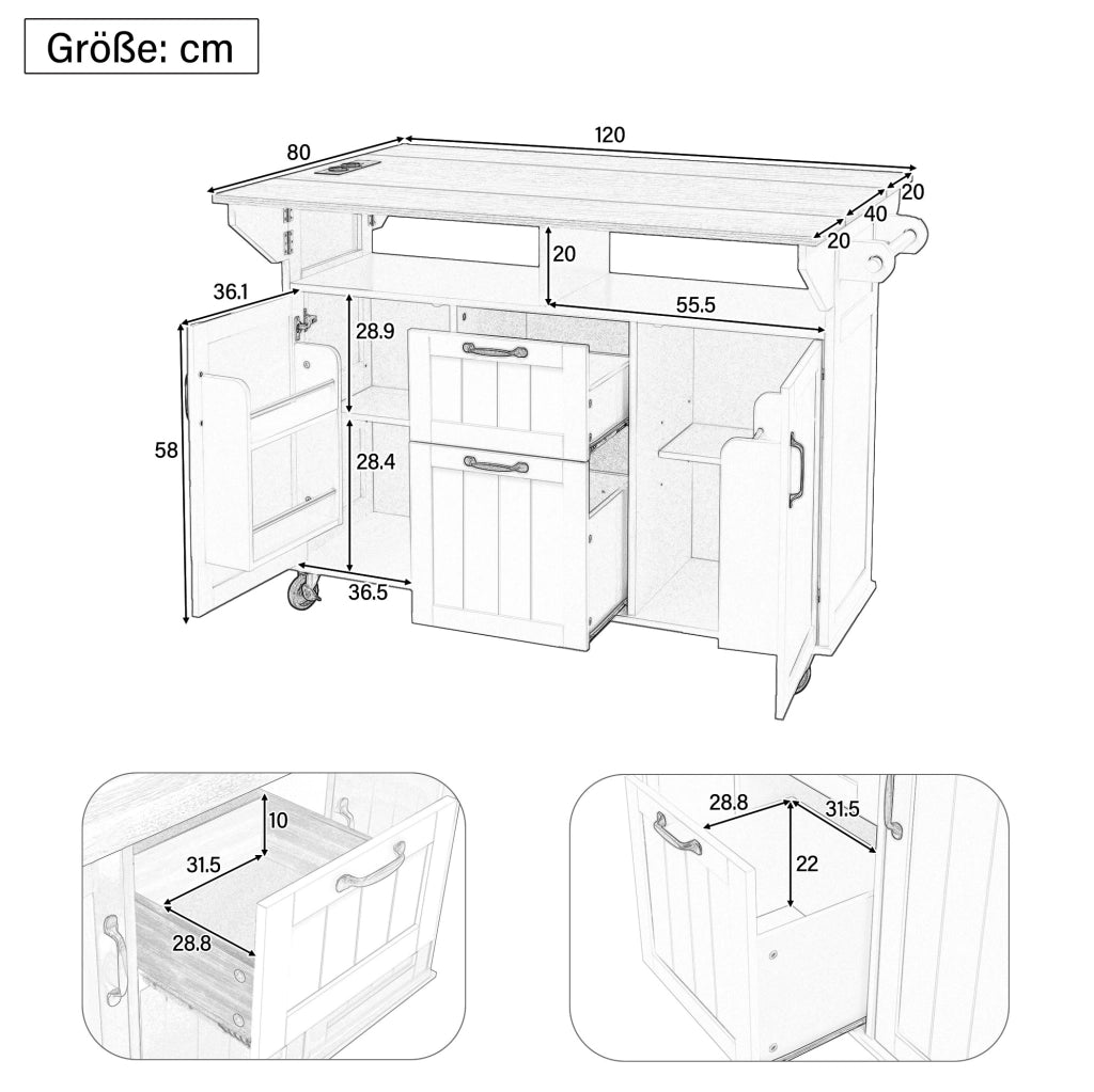 Isola cucina mobile 120x80x92 cm in MDF nero, piano estensibile e contenitori