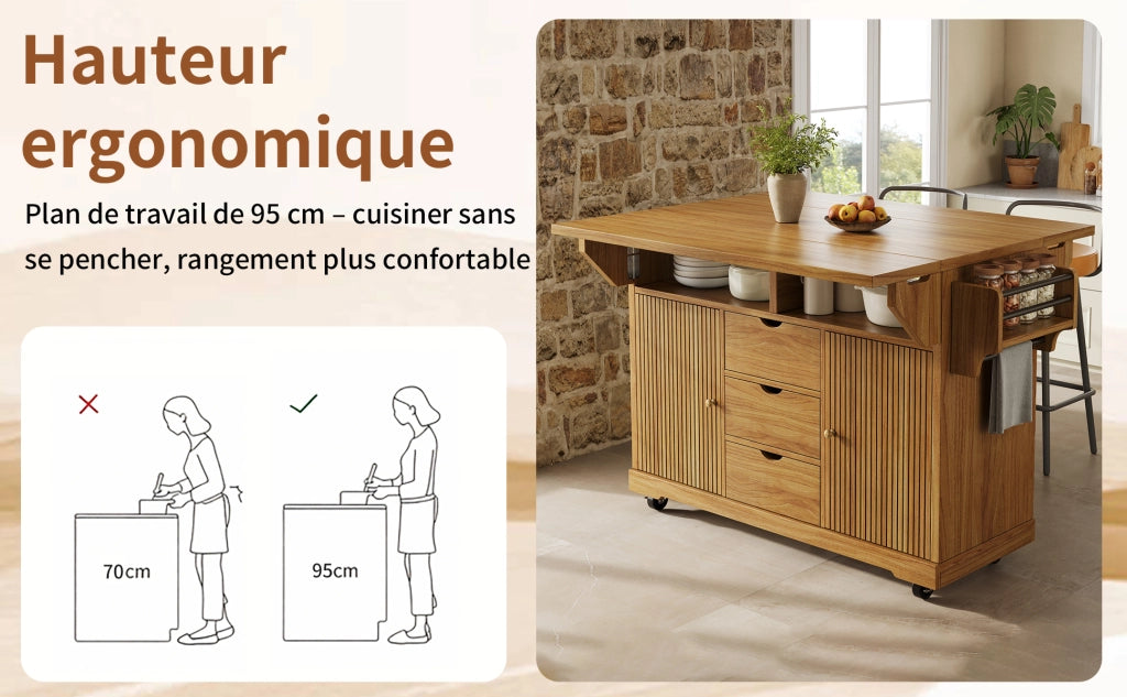 Isola cucina mobile con piano di lavoro 142,5 x 80 x 95 cm in MDF e metallo, marrone scuro