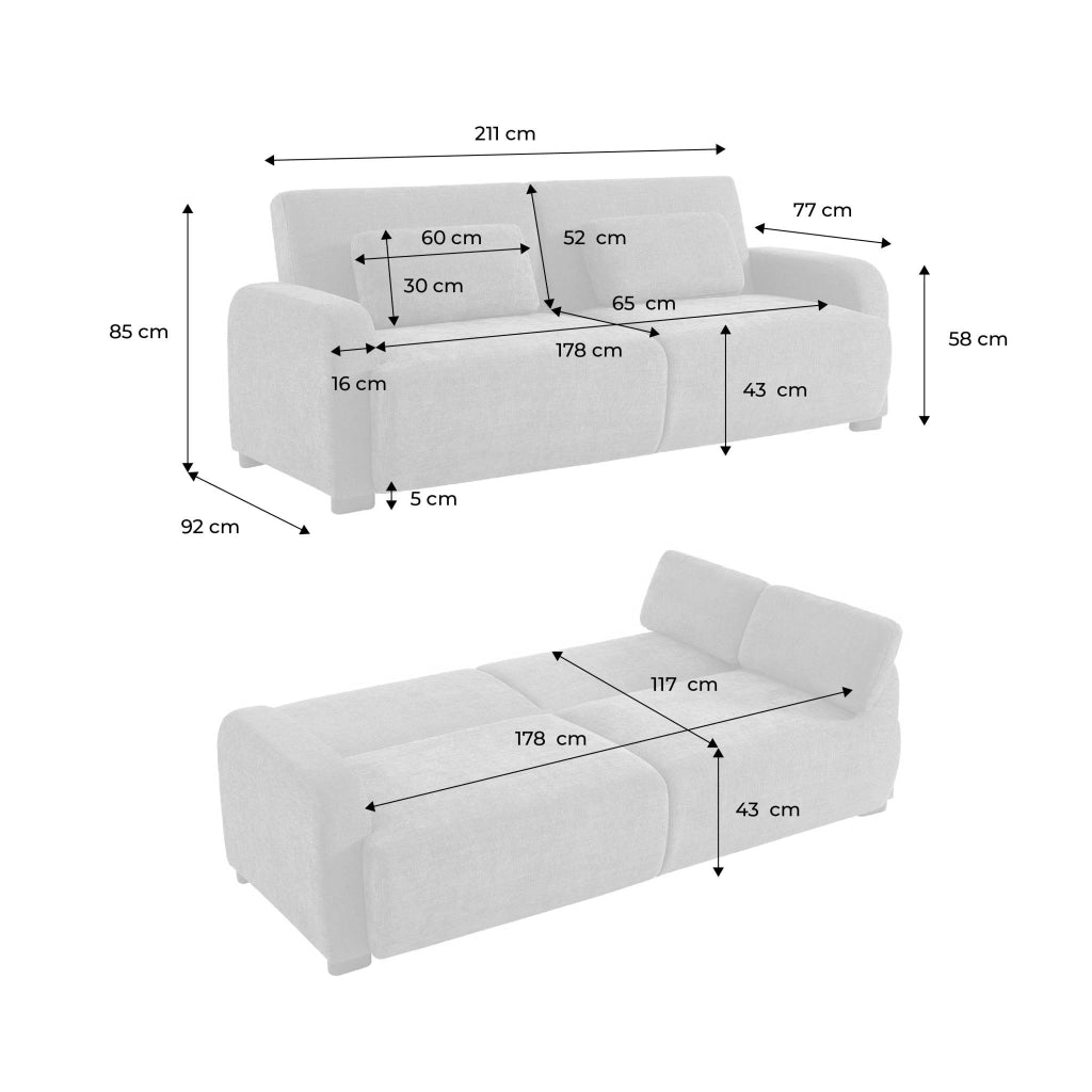 Divano letto in tessuto, 3 posti, beige