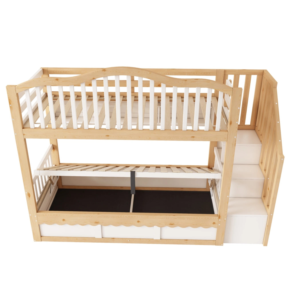 Letto a castello per bambini 90x200 cm con contenitore idraulico in legno bianco e rovere HOMVRA