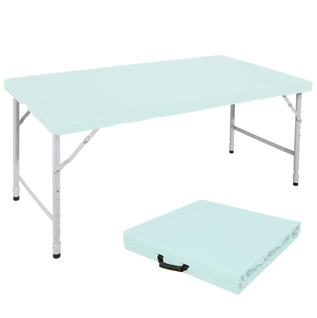 Tavolo pieghevole 125x61 cm blu in plastica e ferro; altezza regolabile