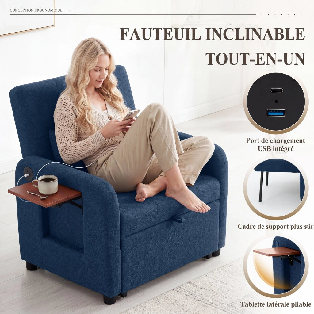 Poltrona letto pieghevole blu scuro – Rivestimento in tessuto, funzione seduta e letto, porta USB, tavolino pieghevole, cuscino, schienale regolabile