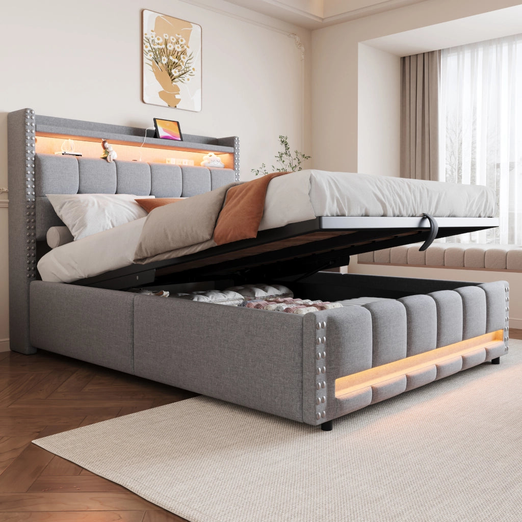 Letto matrimoniale 140×200 cm con contenitore idraulico; LED multicolore e USB; senza materasso; grigio chiaro