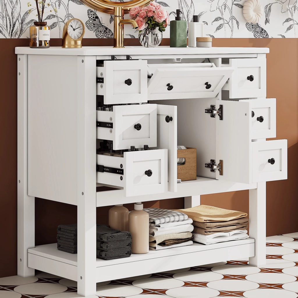 Mobile sottolavabo autoportante con lavabo in ceramica 6 cassetti anta doppia ripiano MDF bianco 91,5 × 46,5 × 90 cm