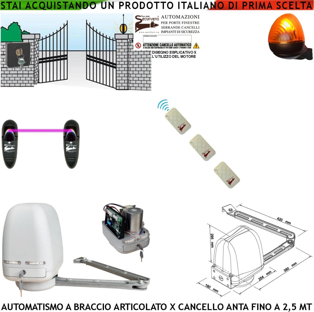 KIT MOTORE A BRACCIO ARTICOLATO 220/24 V PER CANCELLO AUTOMATICO 1 ANTA DA 0,5 A 2,5 MT CENTRALE 3 RADIOCOMANDI FARO SELETTORE 2 FOTOCELLULE