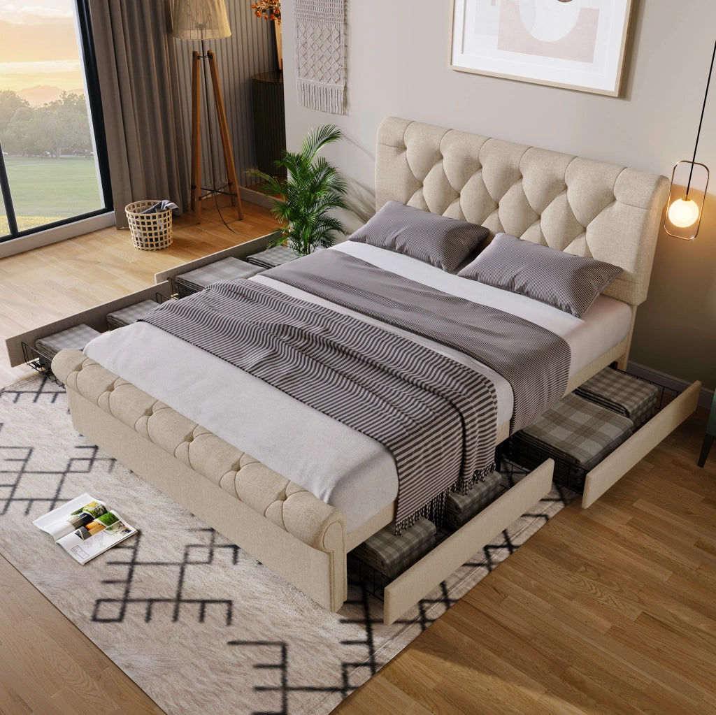 Letto matrimoniale 140x200 cm con 4 cassetti e testiera regolabile; naturale