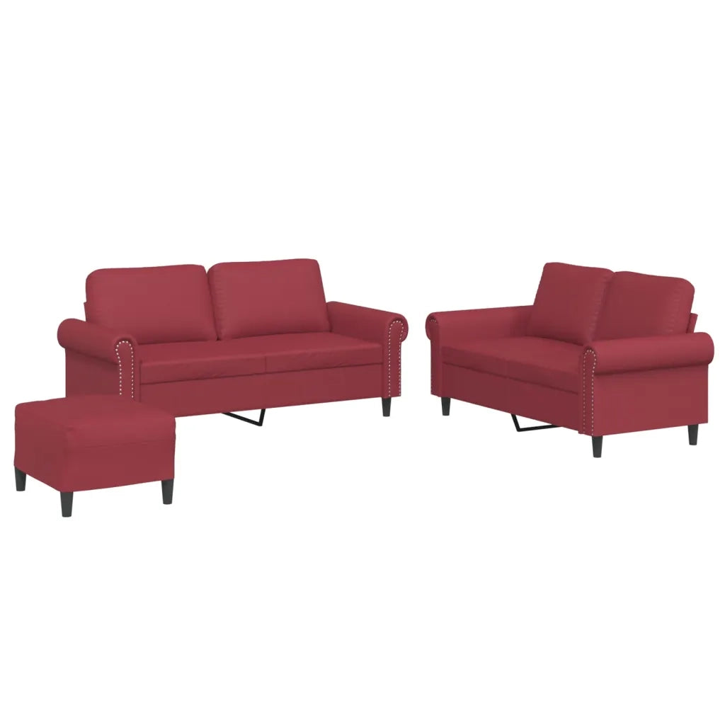 Set di Divani 3 pz con Cuscini Rosso Vino in Similpelle
