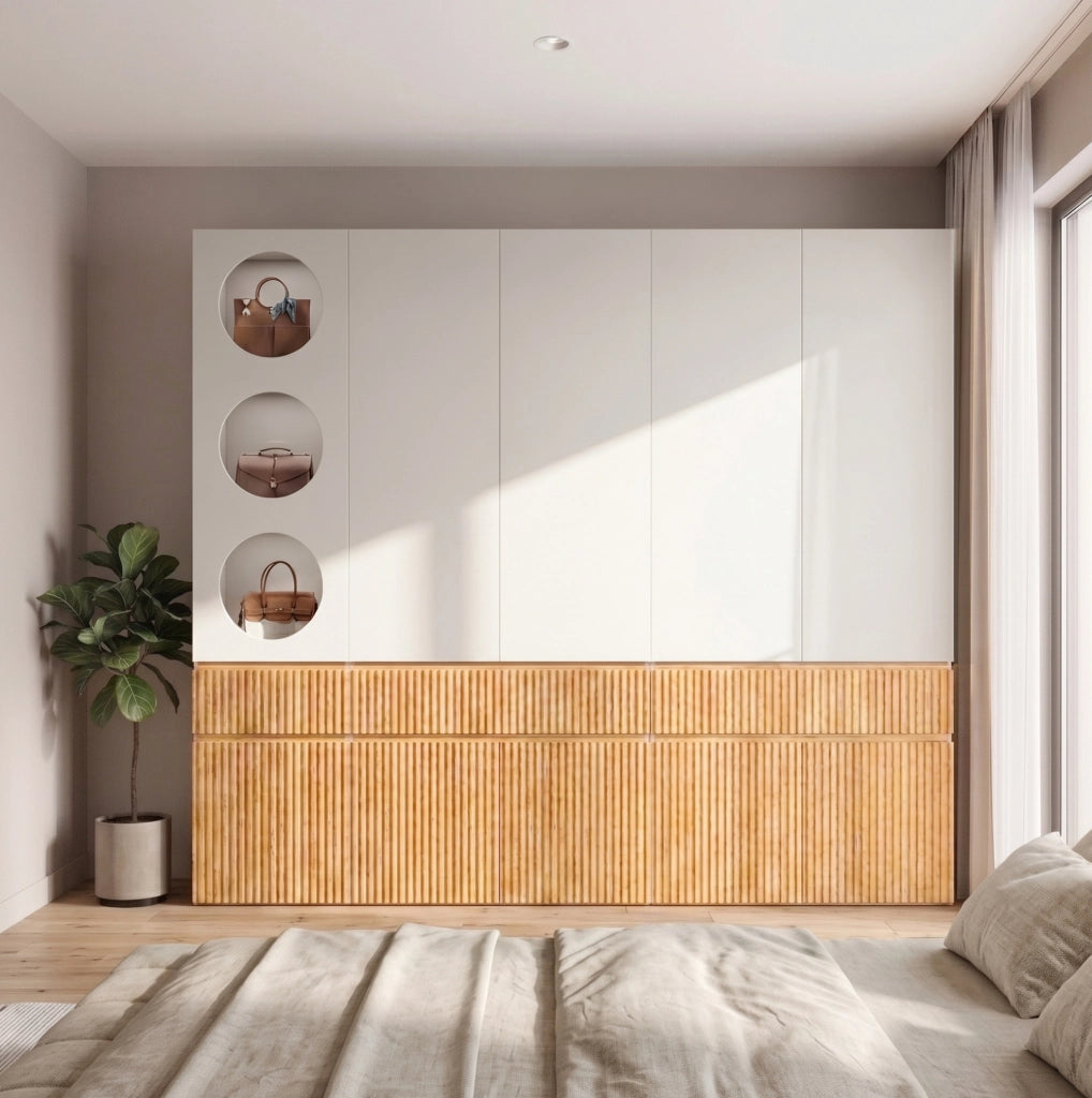 Armadio con ante battenti, 225x50x200 cm, 10 ante, 2 aste appendiabiti, 3 cassetti, effetto rovere chiaro, per camera e ufficio