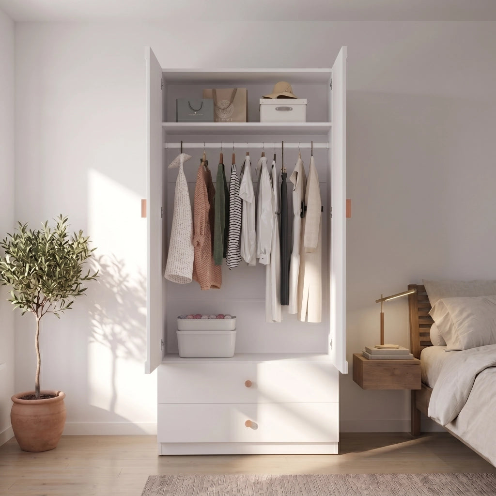 Armadio a 2 ante con 2 cassetti e appendiabiti in MDF legno e acciaio bianco per camera 90 × 45 × 200 cm
