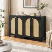 Credenza a 4 ante in rattan sintetico con ripiani regolabili; MDF e metallo; nera