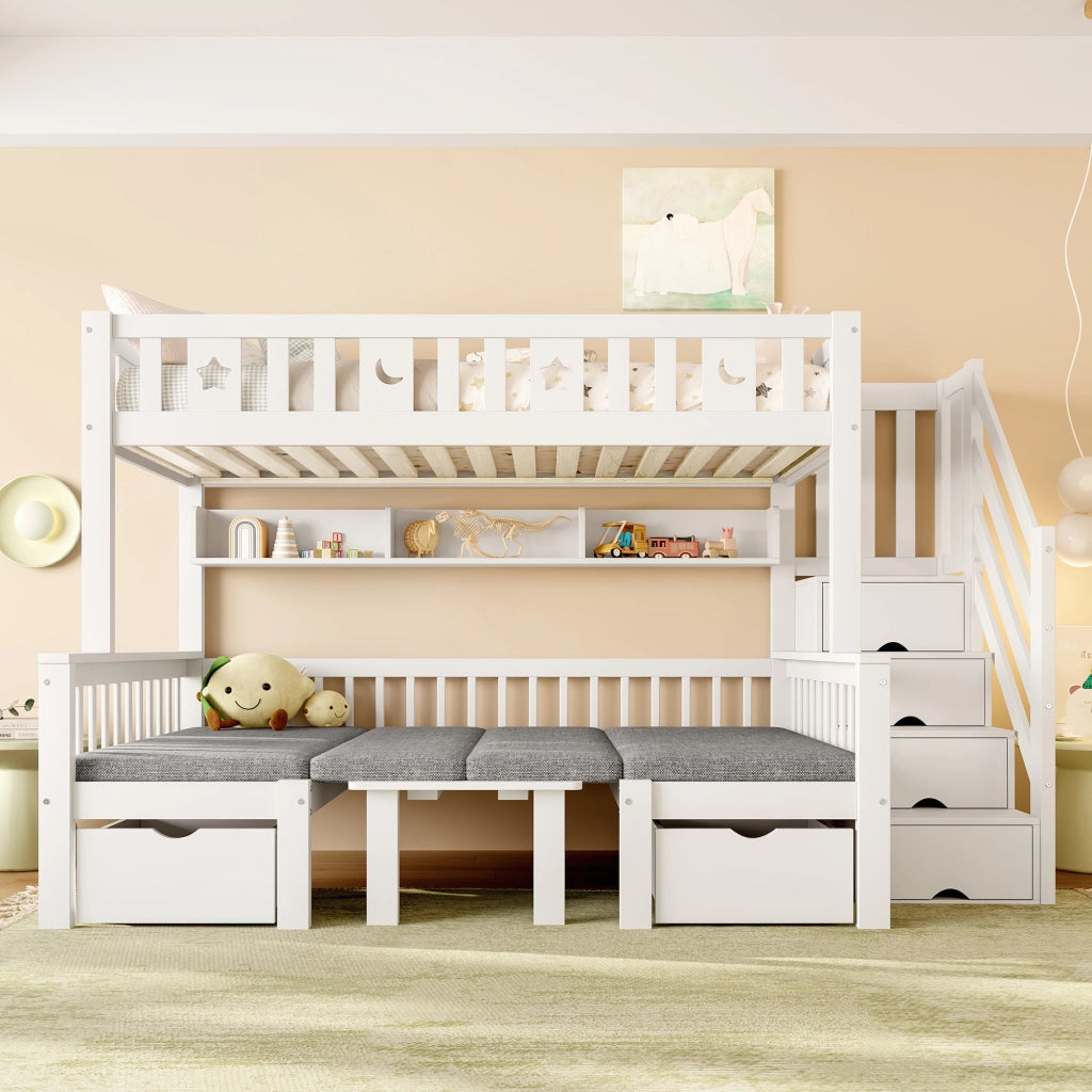 Letto a Soppalco 90x200 cm in Legno di Pino con Scrivania; Scaffali; Sponde di Sicurezza; Scala; Bianco