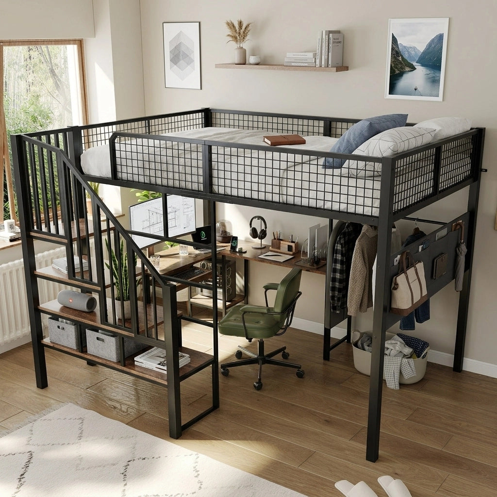 Letto a soppalco 140 x 200 cm in metallo nero con scrivania a L e scala a gradini per cameretta