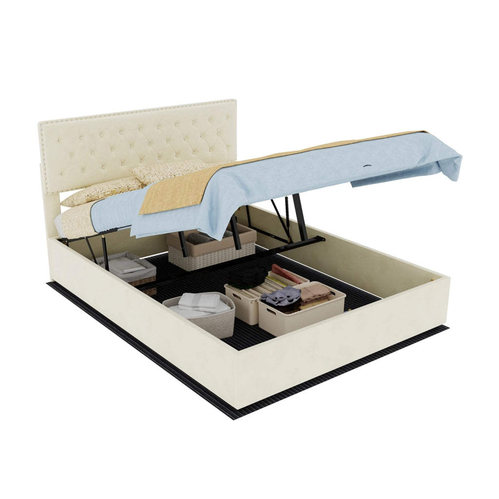 Letto moderno minimalista beige 140x200 cm con testiera imbottita e contenitore, struttura in legno con supporto pneumatico, senza materasso