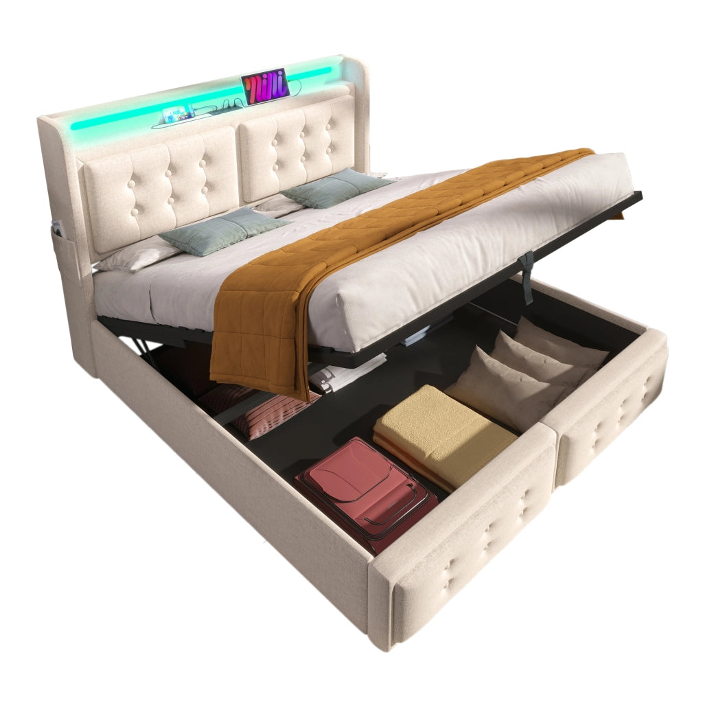 Letto Imbottito Contenitore 140x200 con Testiera LED e USB ¨C MINIMAL ¨C Beige, Cotone, Doghe in Legno