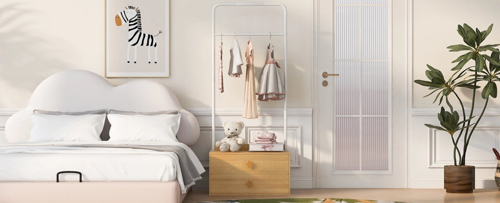 Appendiabiti per bambini con 2 cassetti, maniglie a stella, struttura in legno 70×55×168 cm, colore legno