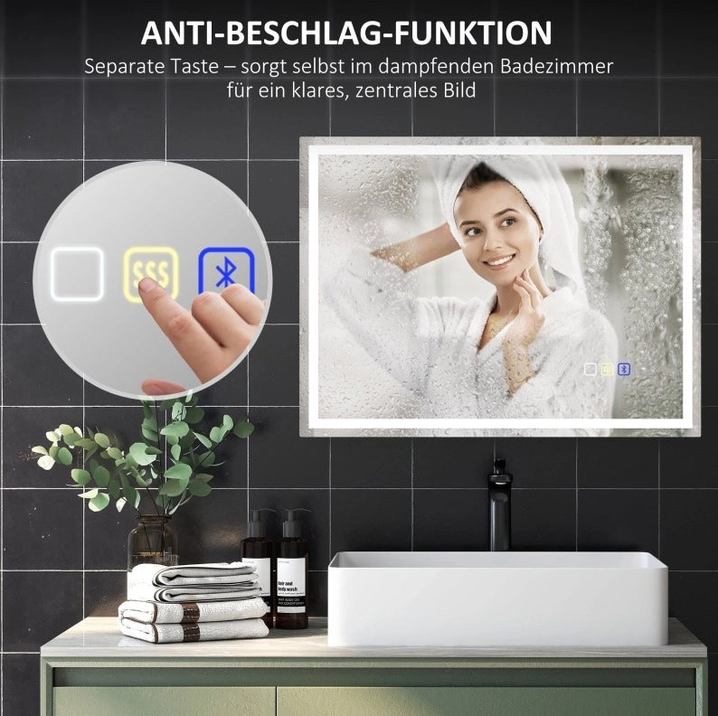 Specchio da bagno LED 80x60 cm con Bluetooth, funzione orologio, 3 colori luce, antiappannamento, argento