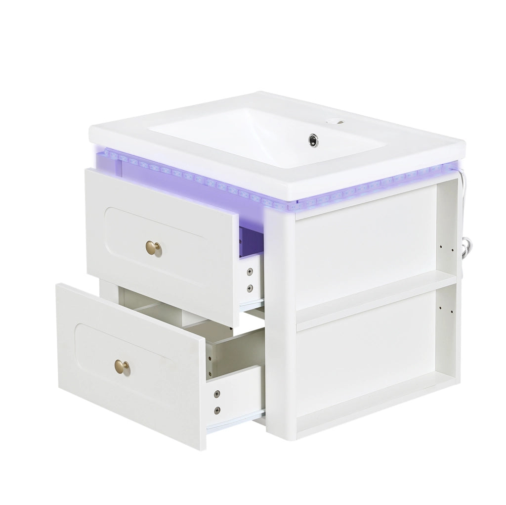 Mobile sottolavabo sospeso 61x47x50 cm in MDF bianco con LED e contenitore