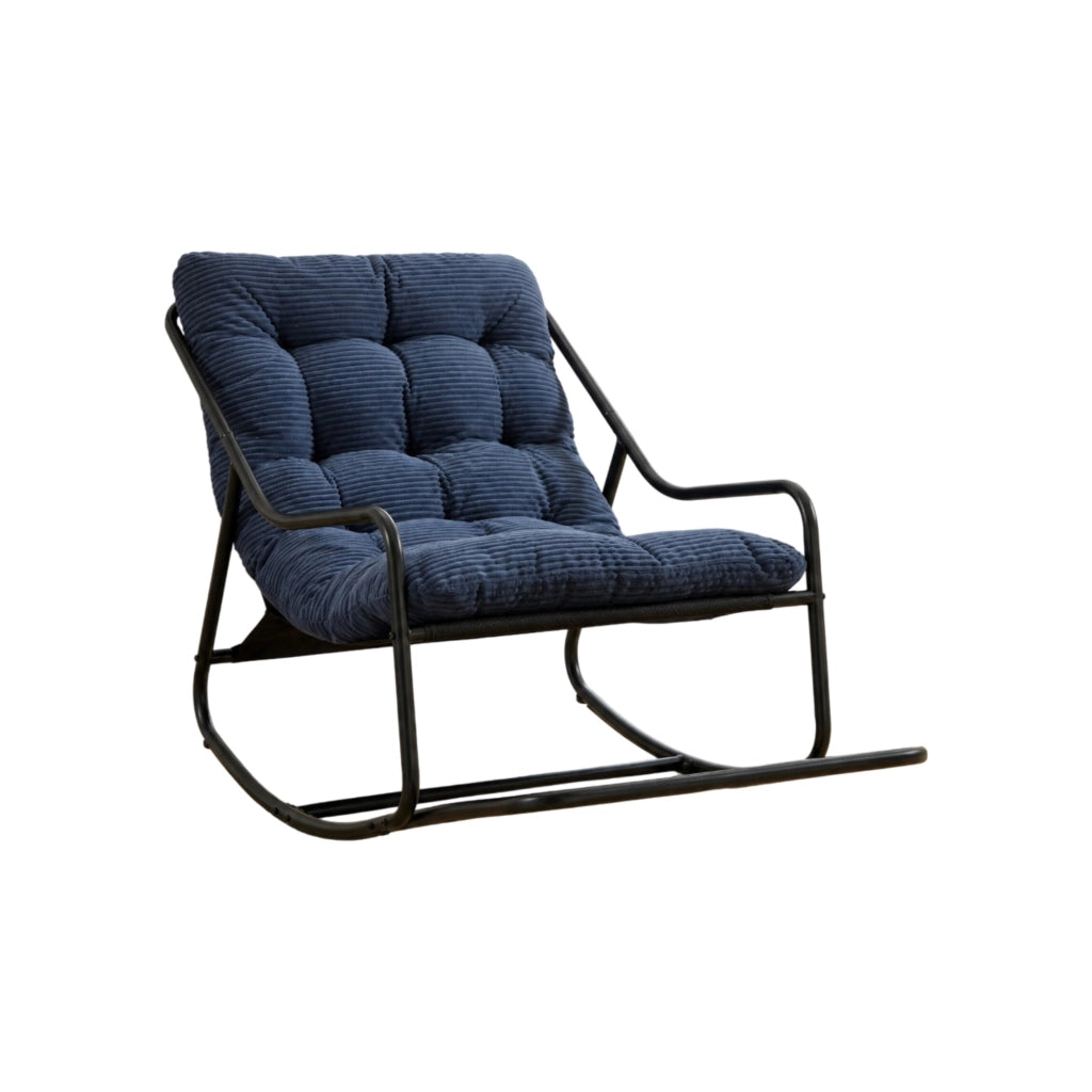 Sedia a dondolo da esterno 116x75x82 cm in acciaio nero con cuscino blu navy
