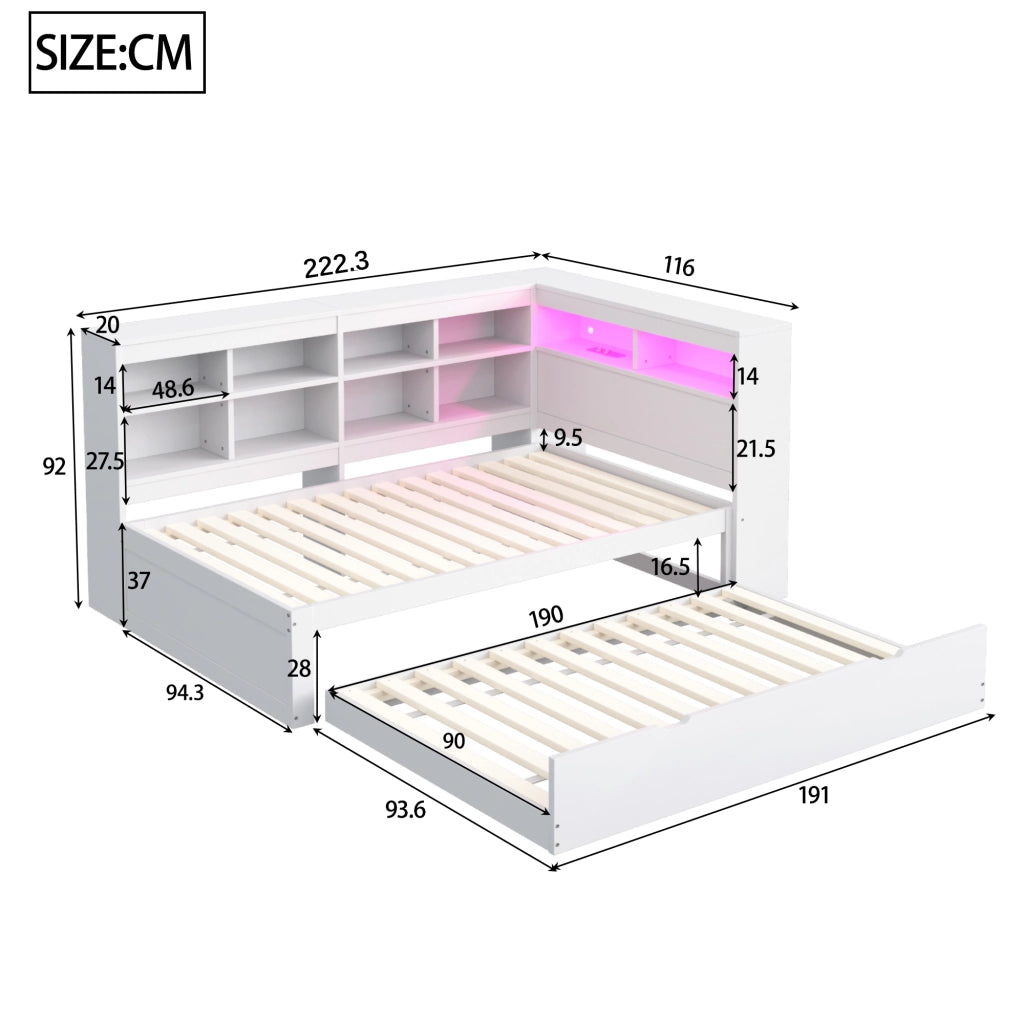 Letto singolo 90×200 cm con letto estraibile; USB; LED e ripiani; senza materasso; legno; bianco