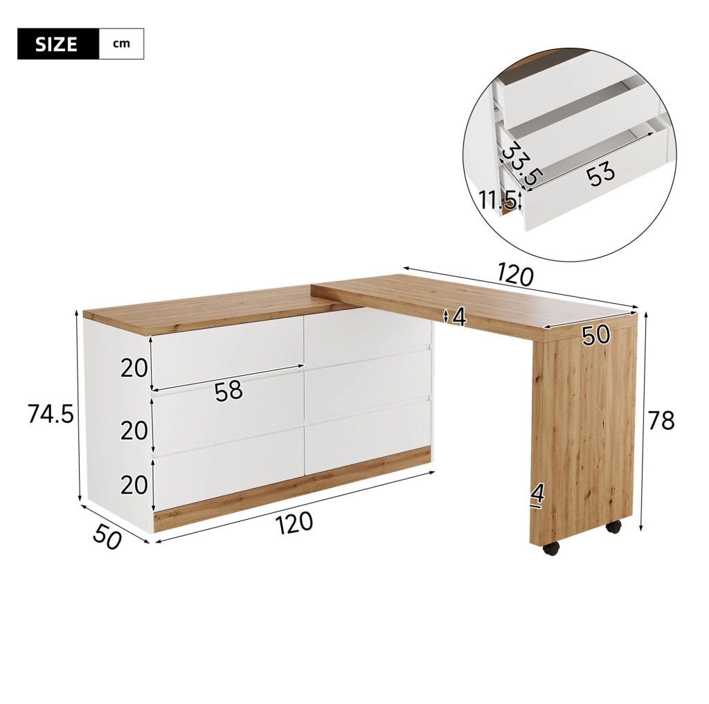 Scrivania girevole ULEVR 120x50 cm con 6 cassetti, ruote bloccabili e piano rotante, rovere e bianco