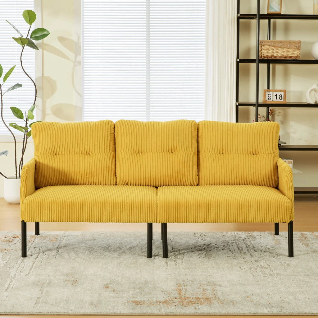 Divano 3 posti in tessuto a coste con schienale alto, tasche laterali e gambe in metallo, dimensioni 171x72x80 cm