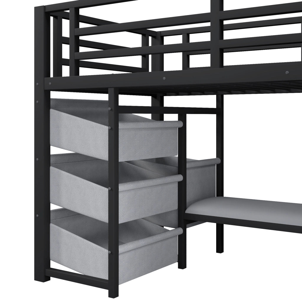 Letto singolo rialzato 90x200 cm in metallo nero con LED; contenitori e cuscino seduta HOMVRA