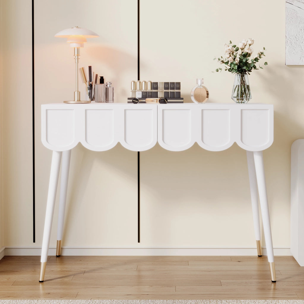 Tavolo da toeletta con 2 cassetti e piedi conici in metallo, per camera da letto e studio, bianco, 100 × 40 × 76 cm