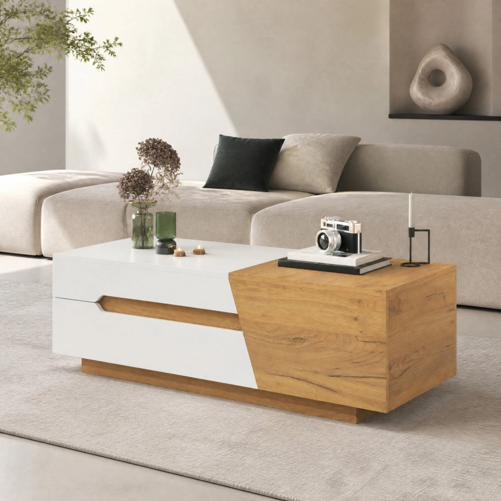 Tavolino da caffè con struttura scorrevole 120x50x37;5 cm; in MDF bianco e naturale