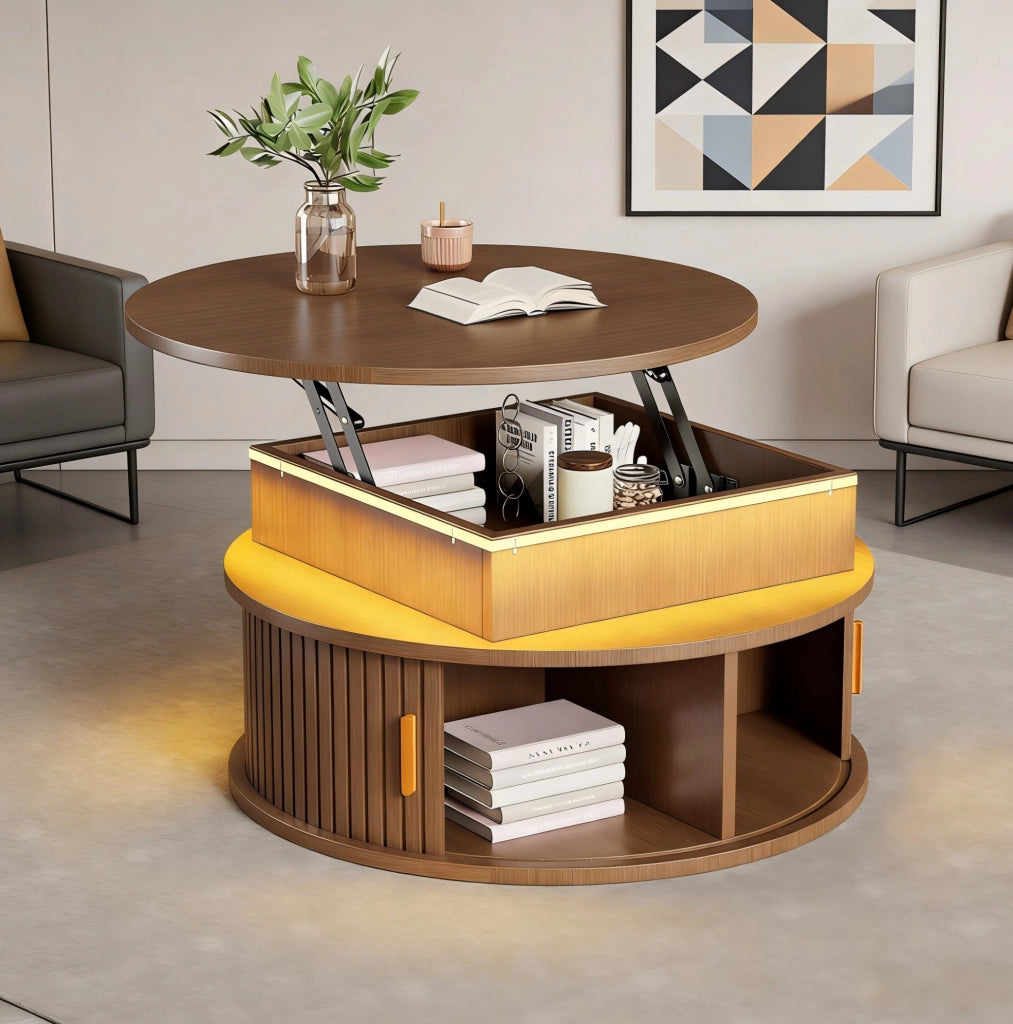 Tavolino rotondo regolabile 75x75x52 cm con LED, vani e porte avvolgibili in MDF noce