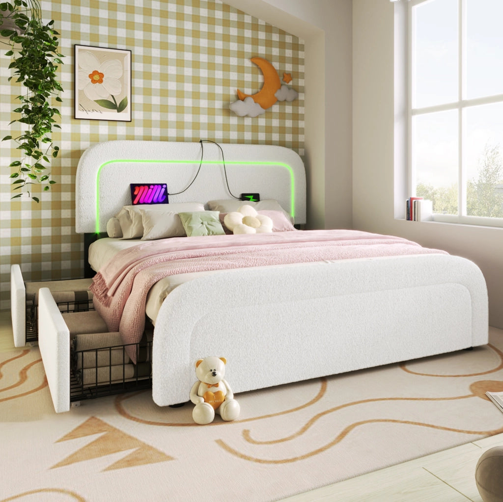 Letto matrimoniale 160x200 cm in sherpa bianco con materasso; 4 cassetti; LED e USB/Type-C HOMVRA