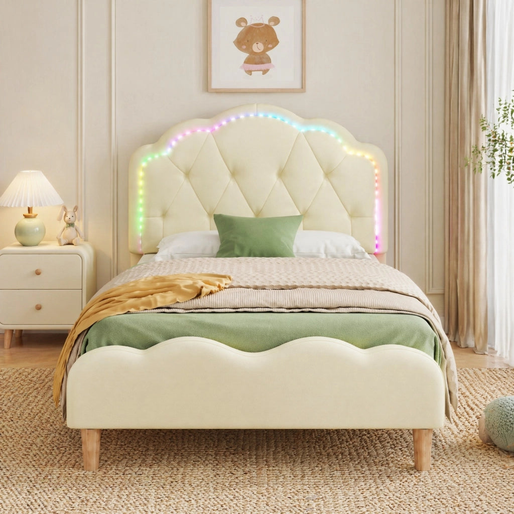 Letto singolo imbottito beige 90x200 cm con LED multicolore e testiera ondulata