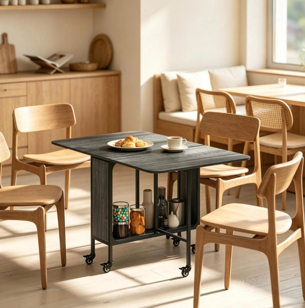 Tavolo da Pranzo Pieghevole con Ruote e Ripiano, Allungabile 130x80x74 cm, Grigio