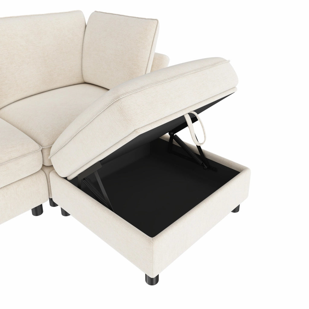 Divano modulare ad angolo a L con pouf contenitore, rivestimento in tessuto chenille beige, 4 posti, struttura in legno massello