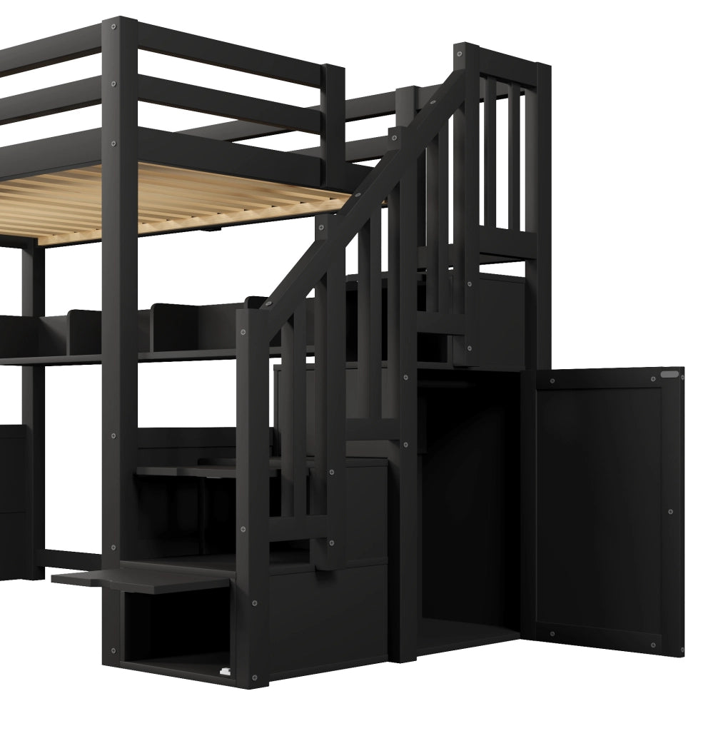LETTO A SOPPALCO 90x200 cm Nero con Scala Contenitore e LED
