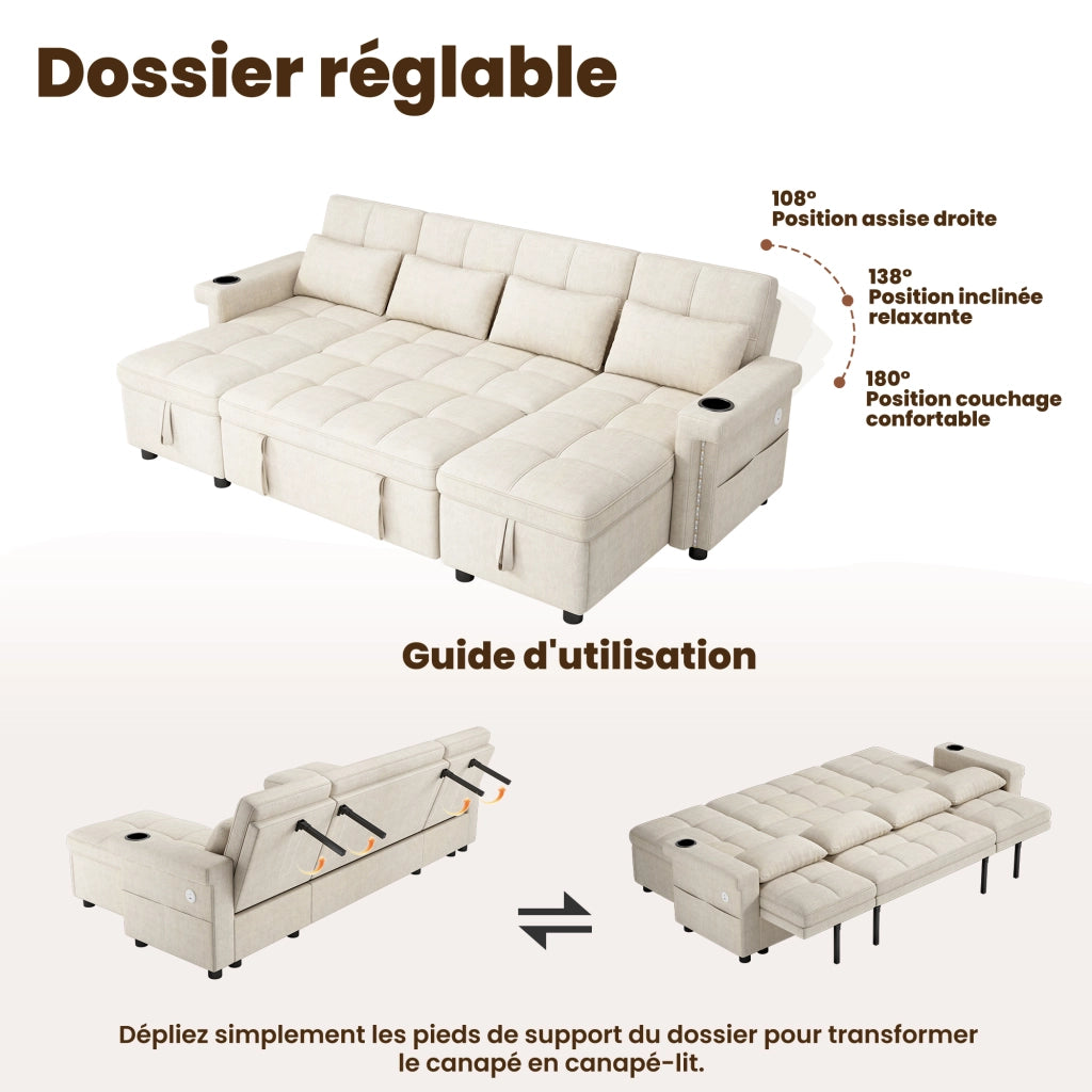 Divano angolare convertibile a U 268;5x141;5x90 cm; divano letto con 2 chaise longue di contenitore; LED; USB e Type-C; ciniglia; beige