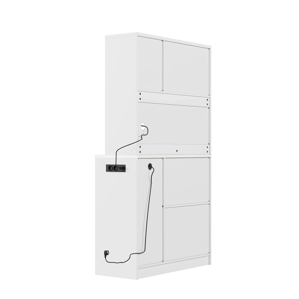 Dispensa da cucina bianca 100x40x180 cm con ante in vetro, LED RGB e presa elettrica, portabicchieri e scaffale vino, mobile alto moderno