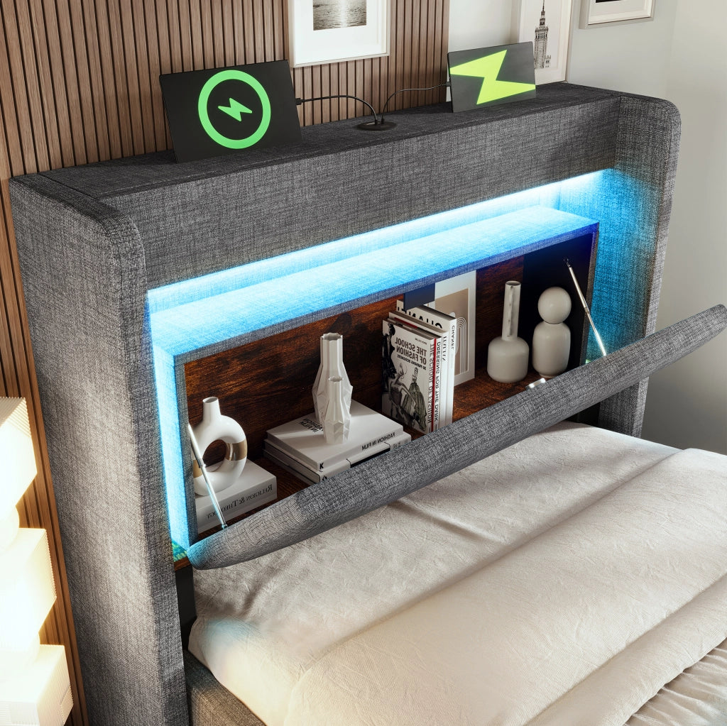 Letto imbottito 90x200 cm con contenitore idraulico, testiera con vano portaoggetti, illuminazione LED e porte USB/USB-C, struttura con doghe in legno, grigio in lino, senza materasso