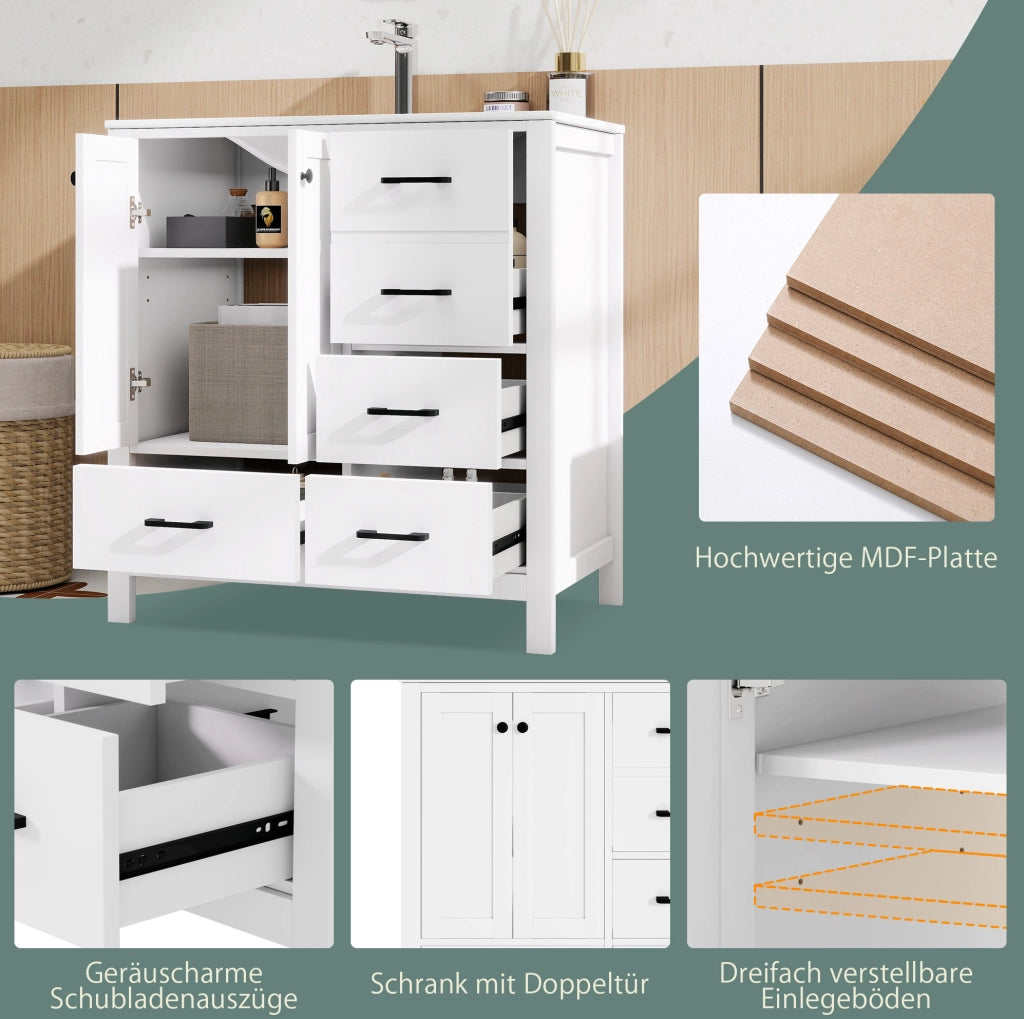 Mobile bagno bianco 76x46x82 cm in MDF con lavabo integrato in ceramica e ampi spazi contenitivi