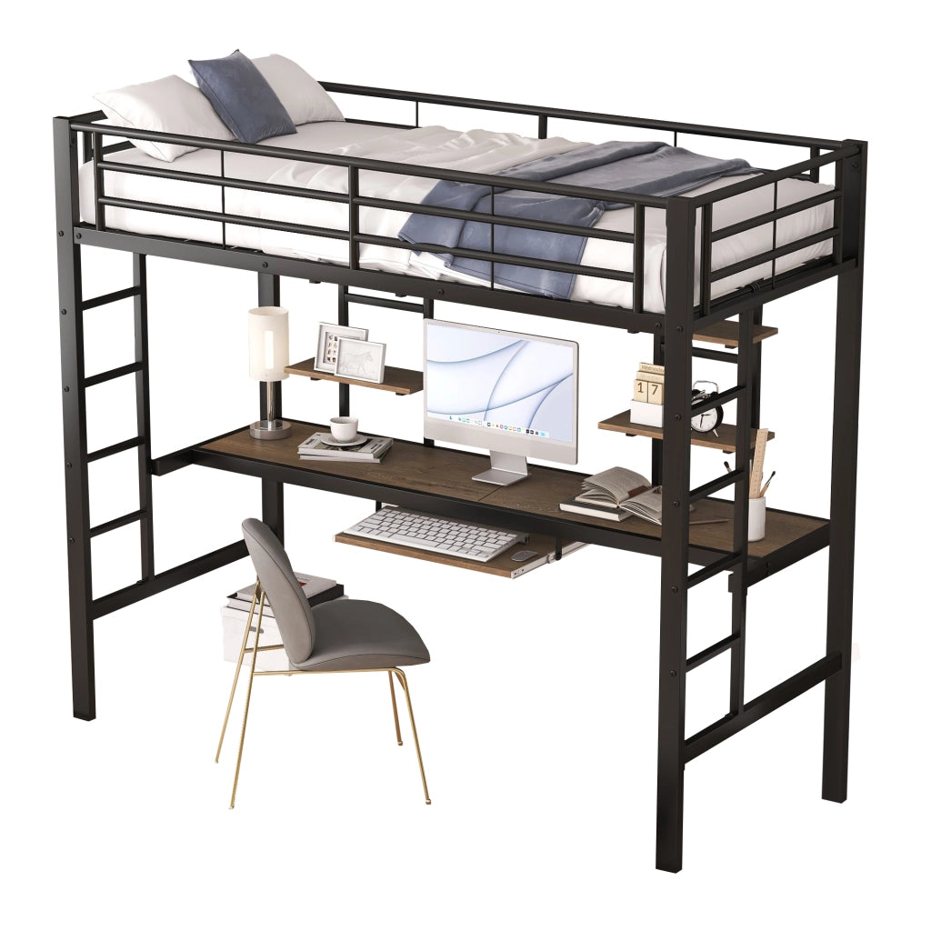 Letto a soppalco 90 × 200 cm in metallo nero con scrivania due scaffali e ripiano per tastiera bambini