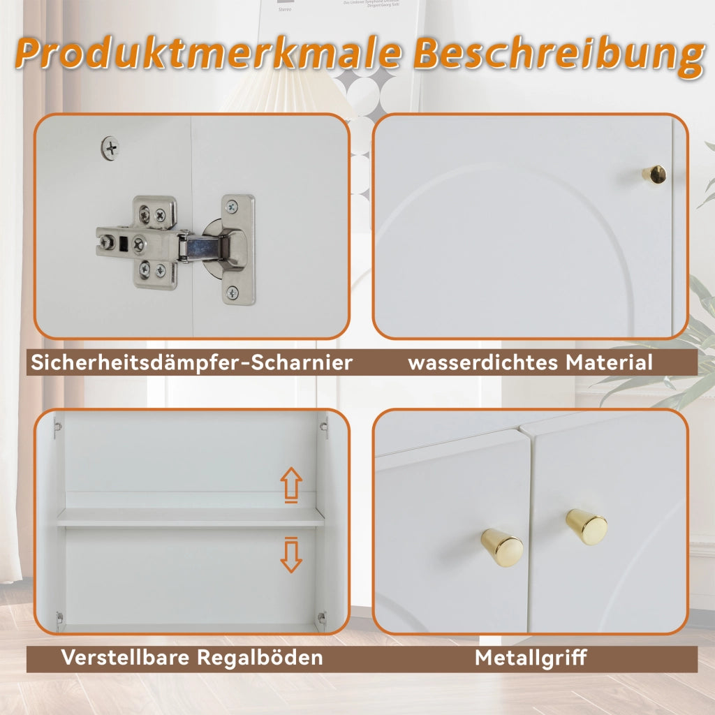 Credenza con 2 ante motivo ad arco maniglie dorate per camera da letto in pannello di particelle bianco 80 × 40 × 80 cm