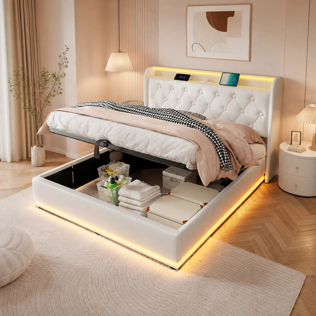 Letto contenitore 180x200 cm; matrimoniale con contenitore idraulico; LED 360°; USB e Type-C; APP e telecomando; PU; bianco