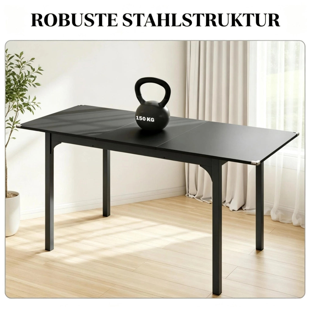 Tavolo da pranzo allungabile in MDF e acciaio, nero, 120x70x75 cm espandibile a 160x70x75 cm